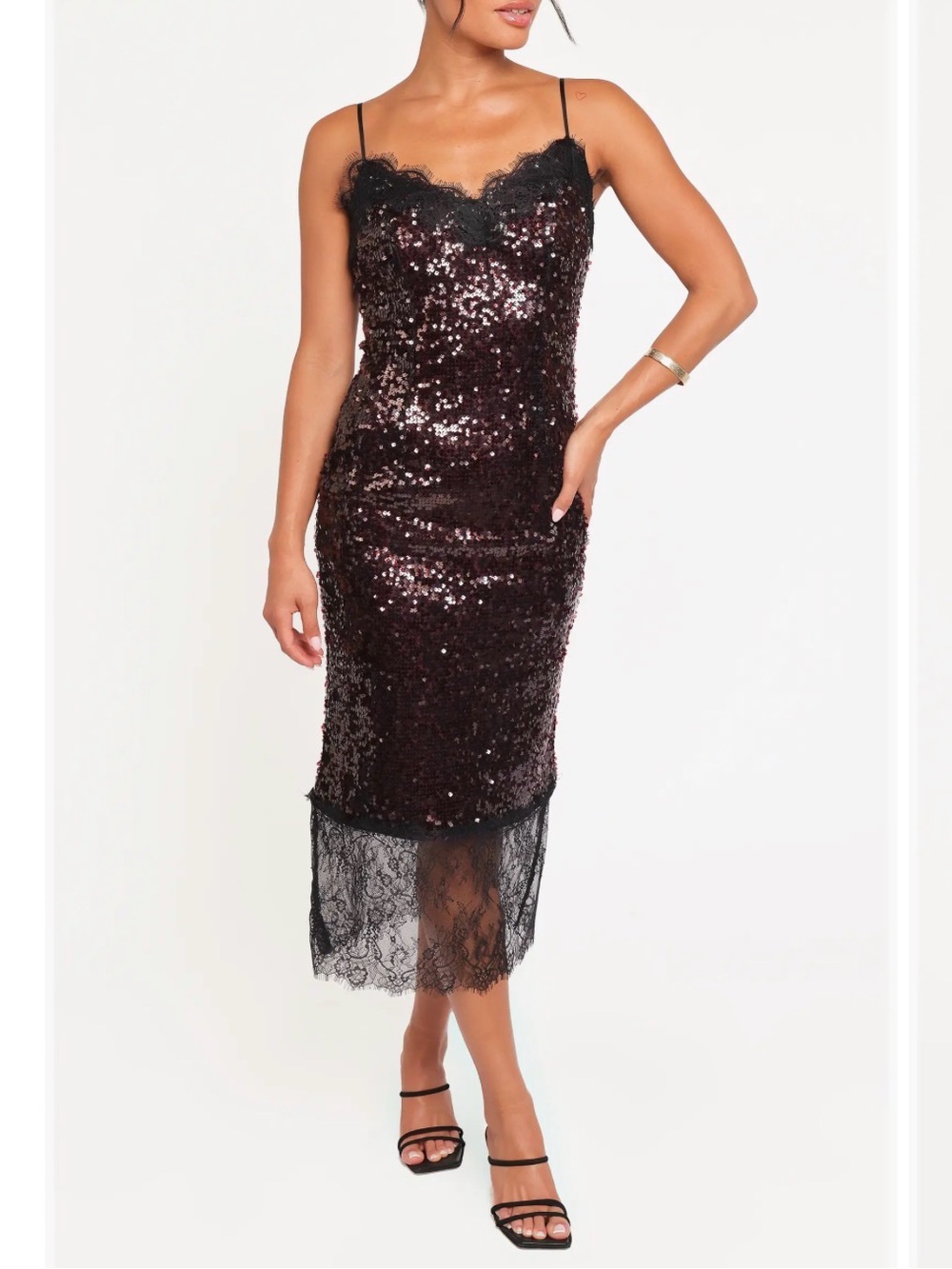 NWT Petal and Pup Frida black Lace Trim burgundy Sequin Midi Dress Sz XS